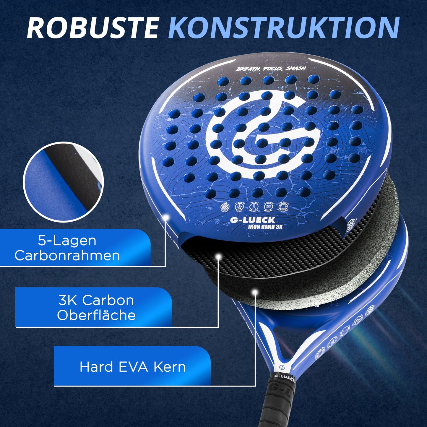 G-Lueck Padel Racket - IRON HAND 3K - 3K Carbon Schlagfläche - für Anfänger und Fortgeschrittene